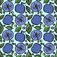 Seamless plum pattern. Colored plum background. Doodle vector illustration with fruits