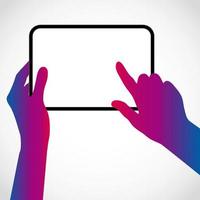 The hands hold the tablet pc and touch the screen with your finger. Vector silhouette illustration.