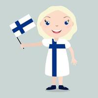 Smiling child, girl, holding a Finland flag isolated on white background. Vector cartoon mascot. Holiday illustration to the Day of the country, Independence Day, Flag Day.