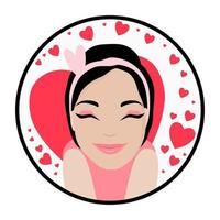 amor, mujer morena amable con dibujos animados sonríe y entrecierra los ojos con amor, niña sonriente coquetea y muchos corazones. vector