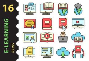 Set of icons for online learning in color. Concept e-learning. Vector illustration in flat style.