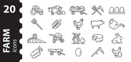 Farm icon set. Linear symbols of animals, plants, tractor, harvester, barn on an isolated white background. Vector illustration.