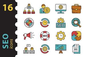 SEO linear icons set color in vector. Concept of optimization and marketing. Illustration in modern flat style. vector