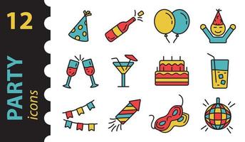 Celebration Party icon set in color. Outline vector illustration, linear symbol holiday. Flat modern style.