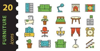 Furniture icon set and home decor in color. Pictogram in linear style.