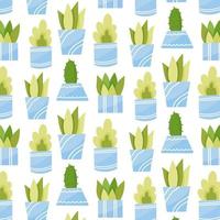 Seamless pattern of house plants. Succulents in blue pots. Hand drawn vector illustration