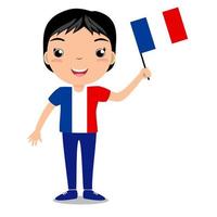 Smiling child, boy, holding a France flag isolated on white background. Vector cartoon mascot. Holiday illustration to the Day of the country, Independence Day, Flag Day.