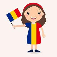 Smiling chilld, girl, holding a Romania flag isolated on white background. Vector cartoon mascot. Holiday illustration to the Day of the country, Independence Day, Flag Day.