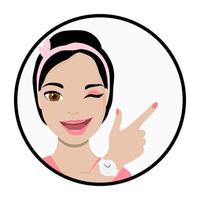 Wow, cartoon friendly brunette woman winks and shows with index finger, smiling girl indicates something important. vector