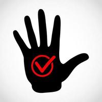 Black hand and check list button icon vector concept. Check mark in round sign vector emblem. Vector hands icon illustration.