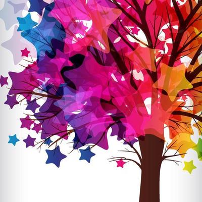 abstract background, tree with branches made of colorful stars.