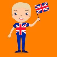 Smiling child, girl, holding a Great Britain flag isolated on orange background. Vector cartoon mascot. Holiday illustration to the Day of the country, Independence Day, Flag Day.