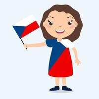 Smiling chilld, girl, holding a Czech flag isolated on white background. Vector cartoon mascot. Holiday illustration to the Day of the country, Independence Day, Flag Day.