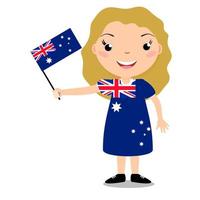 Smiling child, girl, holding a Australia flag isolated on white background. Vector cartoon mascot. Holiday illustration to the Day of the country, Independence Day, Flag Day.