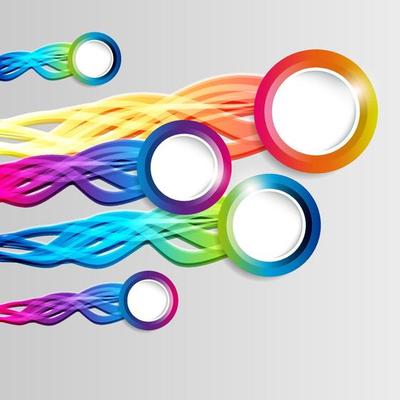 Abstract colorful hoop circle frames with tails on a light background.