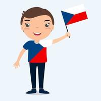 Smiling child, boy, holding a Czech flag isolated on white background. Vector cartoon mascot. Holiday illustration to the Day of the country, Independence Day, Flag Day.