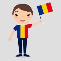 niño sonriente, niño, sosteniendo una bandera de rumania aislada sobre fondo blanco. mascota de dibujos animados vectoriales. ilustración de vacaciones al día del país, día de la independencia, día de la bandera. vector