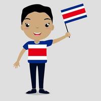 niño sonriente, niño, sosteniendo una bandera de costa rica aislada sobre fondo blanco. mascota de dibujos animados vectoriales. ilustración de vacaciones al día del país, día de la independencia, día de la bandera. vector