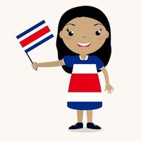 niño sonriente, niña, sosteniendo una bandera de costa rica aislada sobre fondo blanco. mascota de dibujos animados vectoriales. ilustración de vacaciones al día del país, día de la independencia, día de la bandera. vector