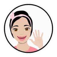 Hello, cartoon friendly brunette woman wave hand, smiling girl waving her hand in greeting. vector