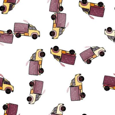 Cute truck car seamless pattern. Kids hand drawn automobile background. Transport wallpaper.