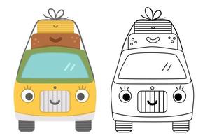 Vector tourist van with suitcases on top colored and black and white illustration. Cute kawaii camper with eyes and mouth. Journey vehicle concept. Funny truck icon with bags. Cute coloring page
