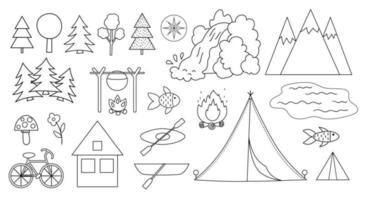 conjunto de campamento de verano vectorial en blanco y negro. bosque, bosque, colección de elementos de la naturaleza. El turismo activo al aire libre y los íconos del contorno del deporte se empaquetan con árboles, cascadas, botes, bicicletas, fogatas, carpas, montañas. vector