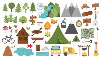 conjunto de campamento de verano vectorial en blanco y negro. bosque, bosque, colección de elementos de la naturaleza. El turismo activo al aire libre y los íconos del contorno del deporte se empaquetan con árboles, cascadas, botes, bicicletas, fogatas, carpas, montañas. vector