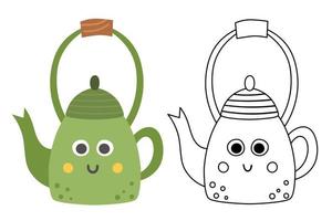 Vector teapot colored and black and white illustration. Kawaii tea pot icon. Smiling kettle with eyes and mouth isolated on white background. kitchen or hiking equipment. Cute coloring page