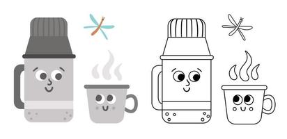 Vector kawaii thermos bottle and cup colored and black and white illustration. Winter or camping traditional warming drink. Hiking hot beverage or tea flask icon. Cute coloring page
