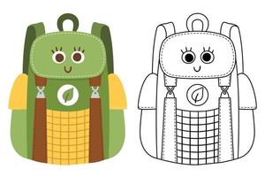 Vector kawaii traveler backpack colored and black and white illustration. Schoolbag clipart. Cute flat and line style smiling trip bag with eyes. Funny picture for kids. Cute coloring page