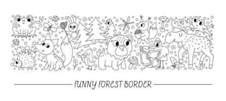 conjunto horizontal vectorial en blanco y negro con lindos animales y elementos cómicos del bosque. plantilla de tarjeta de contorno con personajes del bosque, pájaros, insectos. frontera de viaje de naturaleza activa de verano divertido. vector