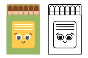 caja de cerillas kawaii sonriente vectorial en color e ilustración en blanco y negro. icono de palo ardiente. imagen de paquete de fósforos de estilo plano. linda página para colorear vector