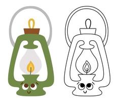 Vector kawaii camp lantern colored and black and white illustration. Lighting equipment icon for kids. Retro smiling lamp with eyes. Cute kerosene vintage torch for travelling. Cute coloring page