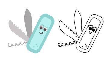 Vector kawaii folding knife colored and black and white illustration. Portable cutting equipment icon. Clasp device for active outdoor tourism. Corkscrew picture. Cute coloring page