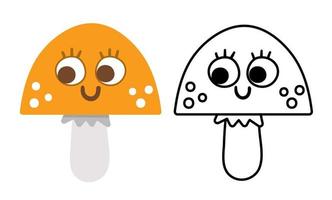 Vector cute smiling kawaii mushroom colored and black and white illustration. Autumn flat and line style plant. Funny death cap or toadstool isolated on white background. Cute coloring page