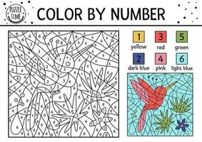 Vector tropical color by number activity with paradise bird, palm tree leaves and flower. Summer coloring and counting game with cute animal. Funny exotic coloration page for kids.