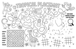 Vector tropical placemat for kids. Exotic summer printable activity mat with wordsearch, dot-to-dot, maze, I spy. Black and white play mat or coloring page with cute jungle animals, birds, fruit.