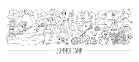 conjunto horizontal vectorial en blanco y negro con lindos animales cómicos del bosque y niños haciendo actividades de campamento de verano. plantilla de tarjeta con personajes del bosque y niños de vacaciones. borde de línea de viaje activo. vector