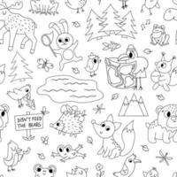 Vector black and white seamless pattern with forest animals, insects and birds. Funny woodland campfire digital paper. Cute forest repeat outline background for kids with mountains, trees