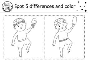 juego de encontrar diferencias de verano para niños con niños lindos en bañadores y helados. vacaciones en la playa actividad en blanco y negro y página para colorear con un chico divertido. hoja de trabajo imprimible. vector