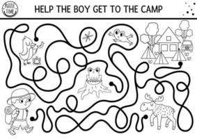 Black and white summer camp maze. Active holidays outline preschool printable activity. Family road trip labyrinth coloring page with cute hiking kid and forest animals. Help the boy get to camp vector