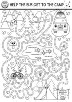 Black and white summer camp maze for children. Active holidays preschool outline printable activity. Family road trip labyrinth game or coloring page with cute kawaii bus going to the camp vector