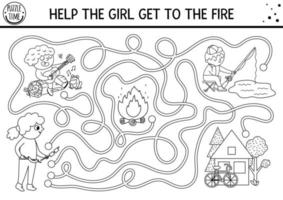 Black and white summer camp maze for children. Active holidays outline printable activity. Family nature trip labyrinth coloring page with cute kids with guitar, rod. Help the girl get to fire vector