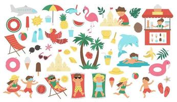 gran conjunto vectorial con elementos clipart de verano aislados en fondo blanco. linda ilustración plana para niños con palmera, avión, gafas de sol, niños haciendo actividades de verano. paquete de objetos de playa de vacaciones vector