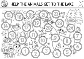 Black and white summer camp dice board game with cute woodland animals. Active holidays outline boardgame with bear, moose going to lake. Family road trip activity or coloring page vector