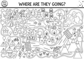 Black and white summer camp maze for children. Active holidays preschool outline printable activity. Family road trip labyrinth game or coloring page with cute hiking kids, camping map, mountains vector