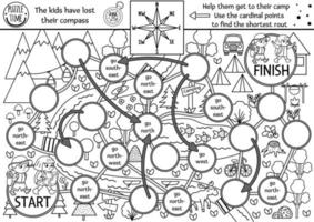 Black and white summer camp dice board game for children with map, compass points. Active holidays outline boardgame with hiking children going to camp. Family road trip activity or coloring page vector