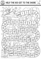 Black and white summer camp dice board game for children with cute rafting kid. Active holidays outline boardgame with boy on boat swimming to the shore. Family road trip activity or coloring page