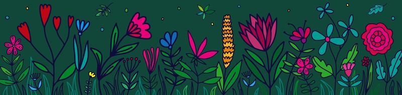 Doodle flowers and leaves horizontal wallpaper. Cute floral summer banner. Botanical backdrop